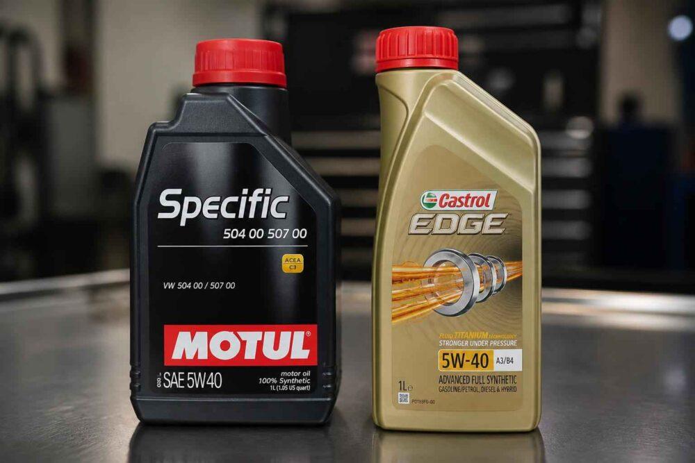 Butelki olejów silnikowych Motul Specific i Castrol Edge 5W-40 na tle warsztatu samochodowego