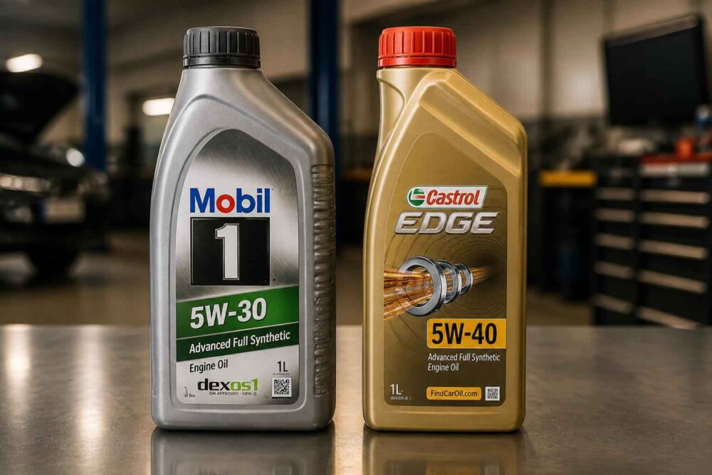 Butelki oleju silnikowego Mobil 1 5W-30 i Castrol EDGE 5W-40 na warsztatowym blacie
