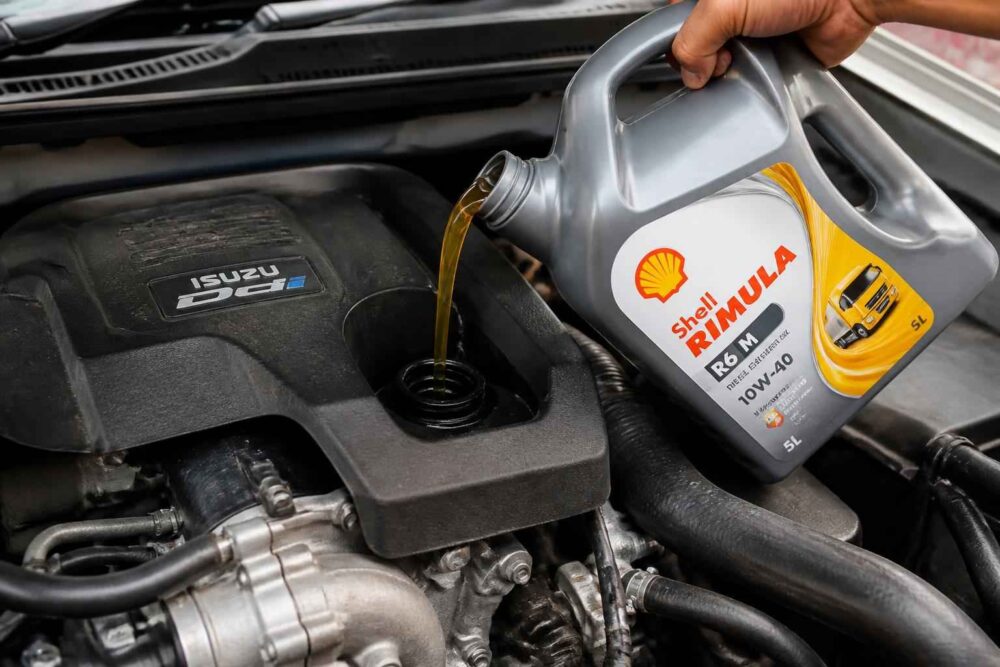 Dolewanie oleju Shell Rimula do silnika Isuzu Olej Shell Rimula R4 X wlewany do silnika samochodu Isuzu
