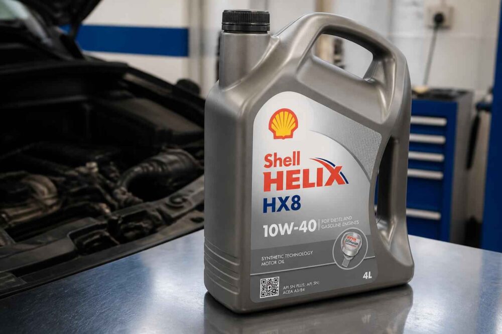 Kanister oleju Shell Helix HX8 10W-40 w warsztacie Kanister Shell Helix HX8 10W-40 stojący na stole obok otwartej komory silnika