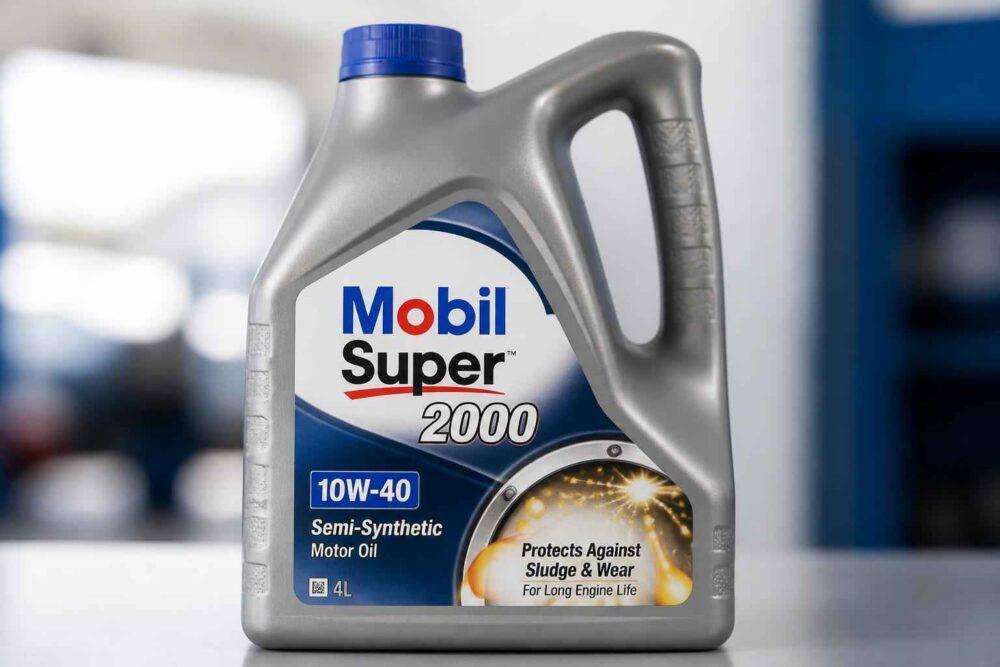Kanister oleju silnikowego Mobil Super 2000 10W-40 o pojemności 4 litrów na stole