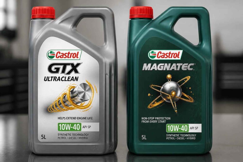 Szary kanister Castrol GTX Ultraclean i zielony kanister Magnatec 10W-40 5 l