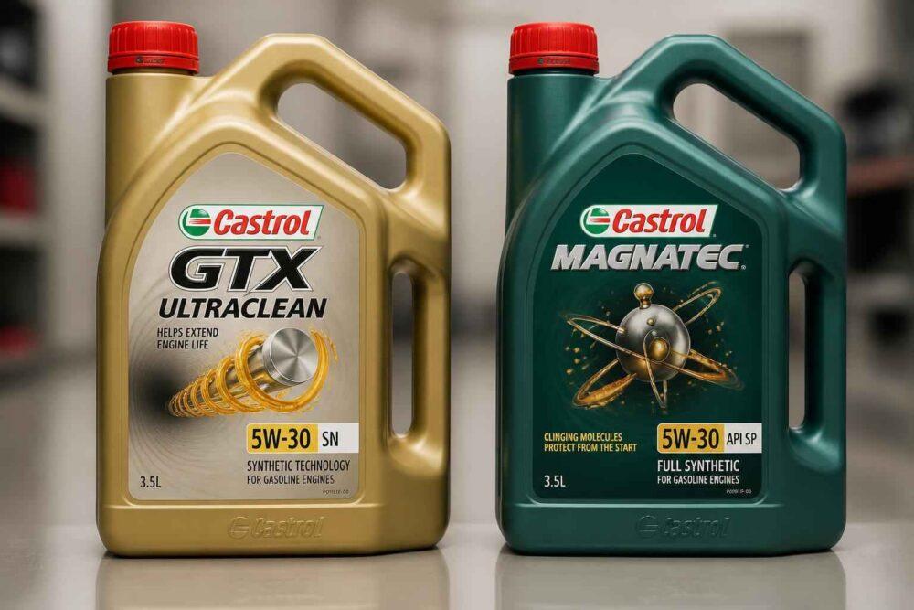 Dwa kanistry oleju silnikowego Castrol GTX Ultraclean i Magnatec w złotym i zielonym opakowaniu