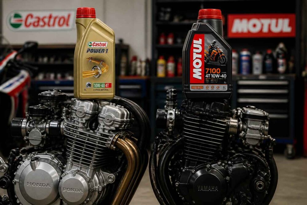 Silniki motocyklowe Honda i Yamaha z butelkami olejów Castrol i Motul na zbiornikach