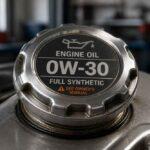 Metalowy korek wlewu oleju z oznaczeniem 0W-30 Full Synthetic na silniku samochodowym