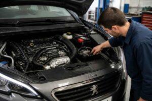 Mechanik w warsztacie sprawdza komorę silnika Peugeota 308 z otwartą maską