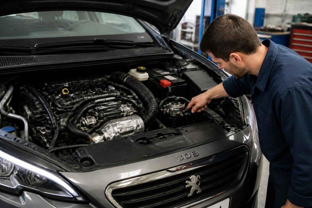 Mechanik w warsztacie sprawdza komorę silnika Peugeota 308 z otwartą maską
