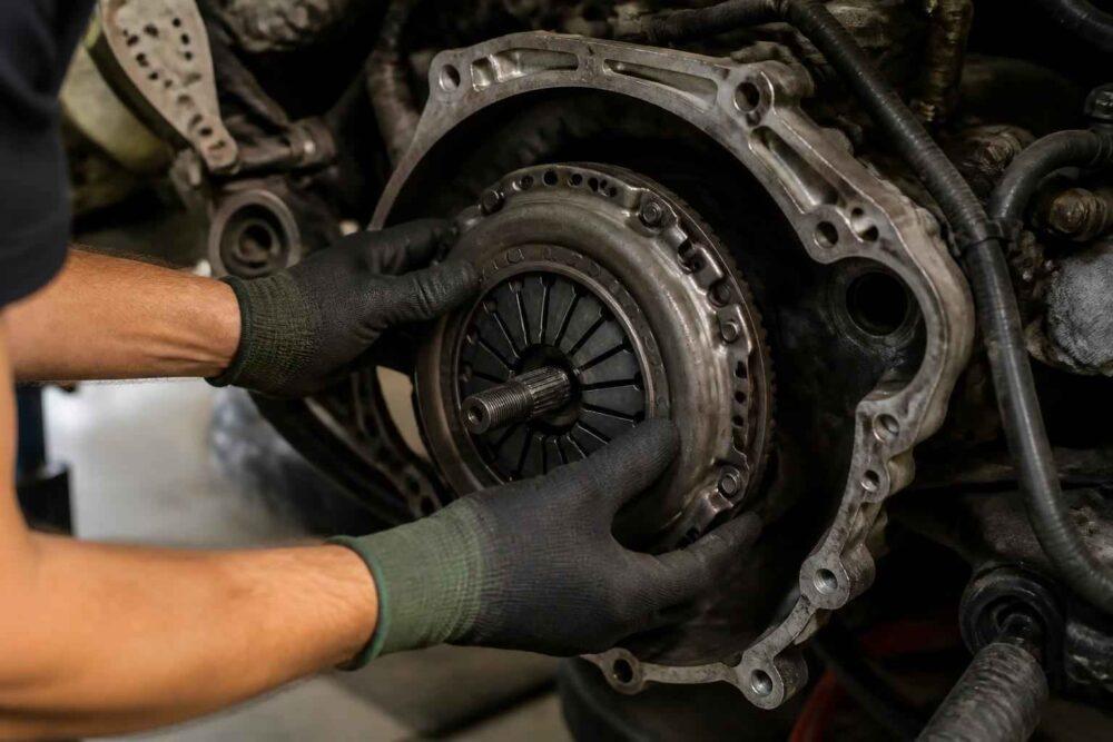Mechanik w rękawicach montuje tarczę i docisk sprzęgła w samochodzie