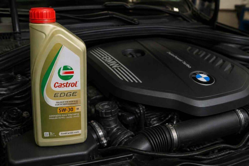 Butelka oleju Castrol EDGE 5W-30 ustawiona obok silnika BMW pod maską samochodu