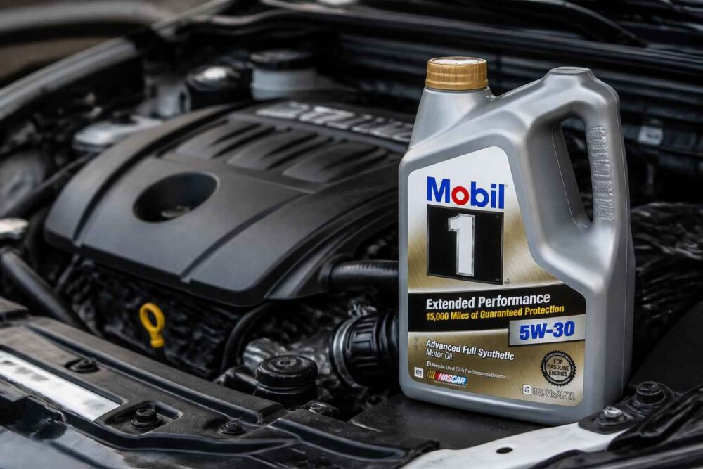 Olej Mobil 1 przy silniku samochodowym Kanister oleju Mobil 1 Extended Performance 5W-30 ustawiony przy silniku samochodu.