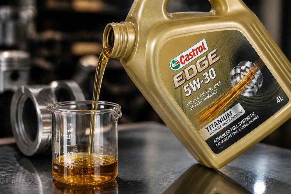 Kanister oleju Castrol Edge 5W-30 przelewa olej do szklanego naczynia miarowego w warsztacie samochodowym