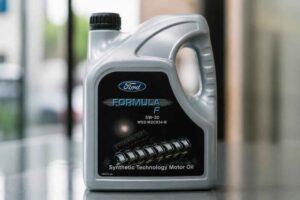 Kanister oleju silnikowego Ford Formula 5W-30 na stole, z widoczną etykietą produktu