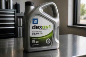 Kanister oleju silnikowego GM Dexos1 0W-20 na warsztatowym blacie