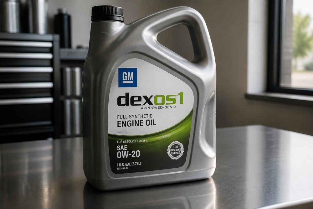 Kanister oleju silnikowego GM Dexos1 0W-20 na warsztatowym blacie