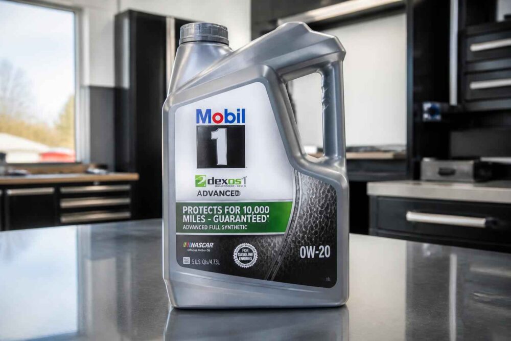 Kanister oleju Mobil 1 Dexos1 0W-20 stojący na warsztatowym blacie