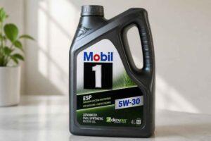 Czarna butelka oleju silnikowego Mobil 1 ESP 5W-30 na jasnym stole