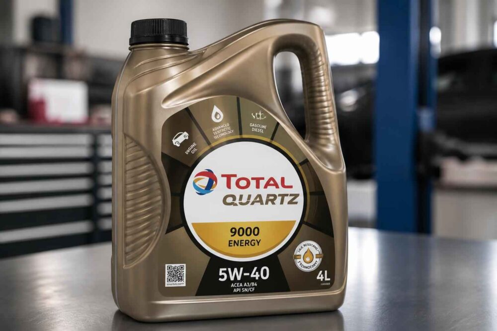 Kanister oleju Total Quartz 9000 Energy 5W-40 o pojemności 4 litrów na tle warsztatu samochodowego