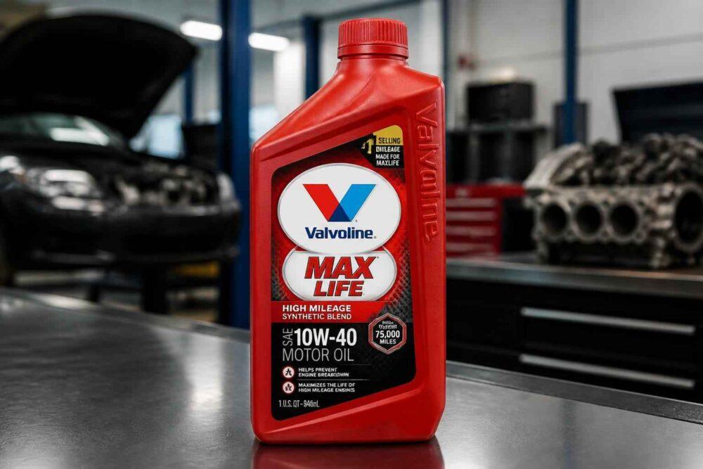 Czerwona butelka oleju silnikowego Valvoline MaxLife 10W-40 na blacie warsztatu samochodowego