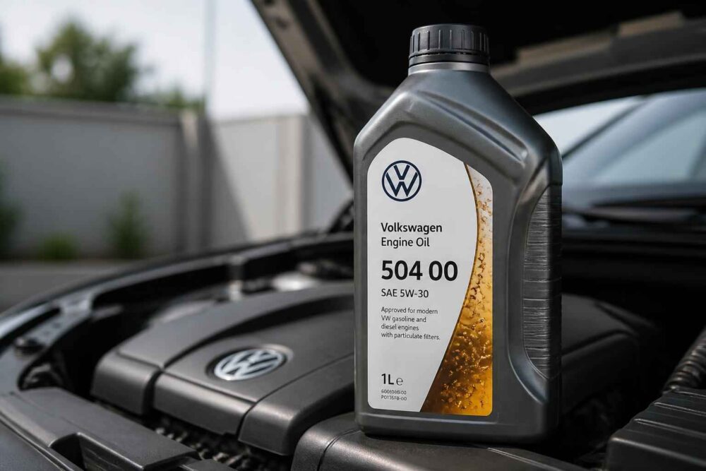 Olej silnikowy Volkswagen 504 00 5W-30 przy otwartej masce Kanister oleju Volkswagen 504 00 5W-30 stojący na silniku samochodu z otwartą maską