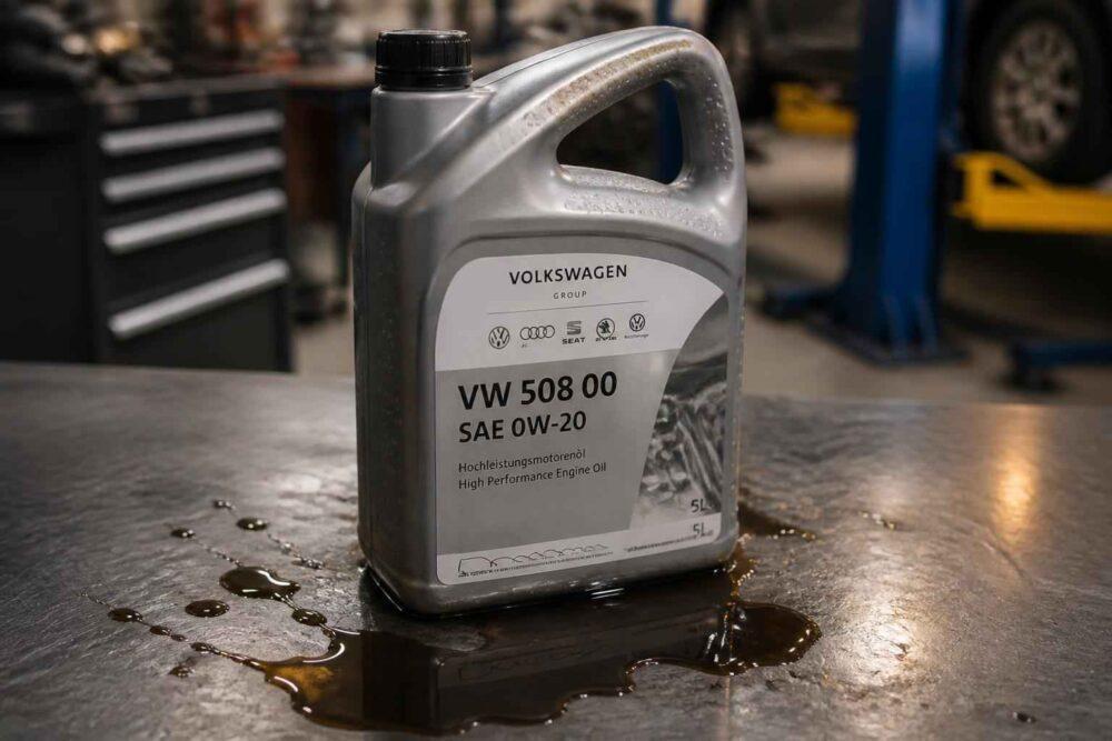 Kanister oleju silnikowego Volkswagen VW 508 00 SAE 0W-20 na warsztatowym blacie z rozlanym olejem