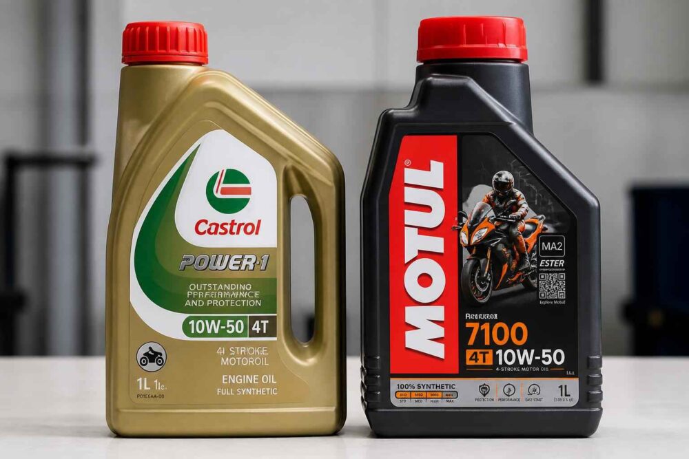Oleje motocyklowe Castrol Power1 i Motul 7100 Butelki olejów Castrol Power1 10W-50 i Motul 7100 4T 10W-50 na jasnym blacie