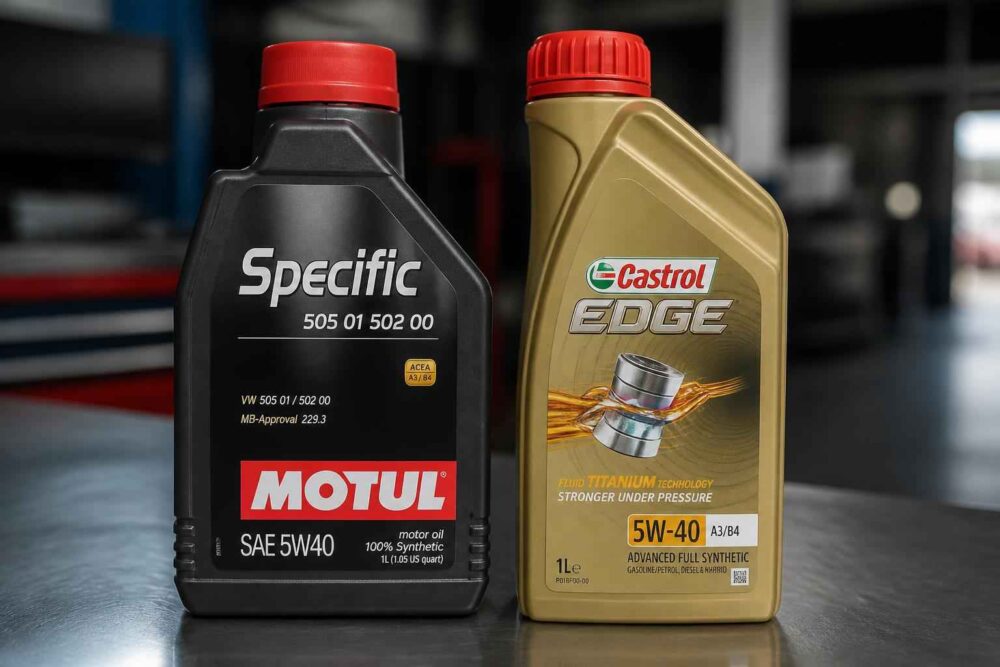 Oleje Motul Specific i Castrol Edge 5W-40 Czarne opakowanie Motul Specific i złote Castrol Edge 5W-40 na blacie w warsztacie samochodowym