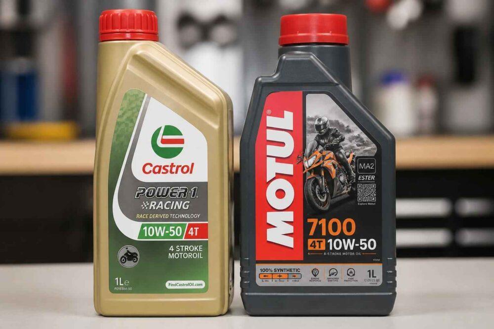 Butelki oleju silnikowego Castrol Power1 Racing i Motul 7100 4T 10W-50 na blacie warsztatowym