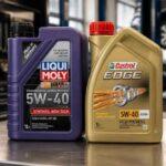 Bańki oleju silnikowego Liqui Moly 5W-40 i Castrol Edge 5W-40 na tle warsztatu samochodowego