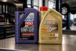 Bańki oleju silnikowego Liqui Moly 5W-40 i Castrol Edge 5W-40 na tle warsztatu samochodowego