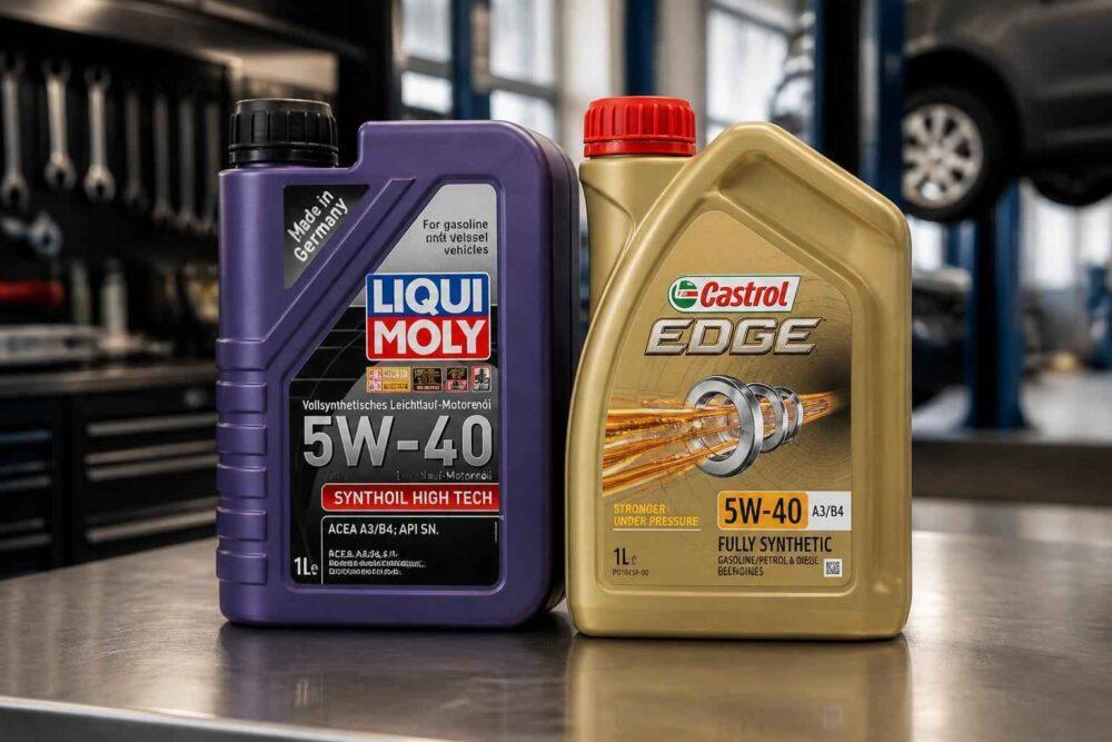 Bańki oleju silnikowego Liqui Moly 5W-40 i Castrol Edge 5W-40 na tle warsztatu samochodowego