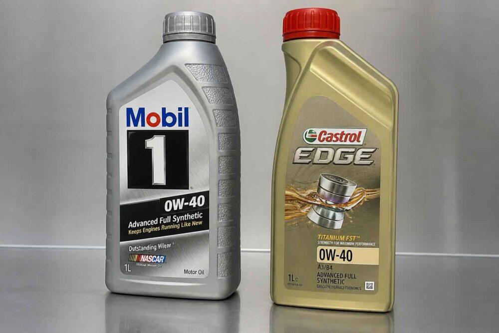 Butelki olejów silnikowych Mobil 1 i Castrol Edge 0W-40 stojące obok siebie na metalowej powierzchni