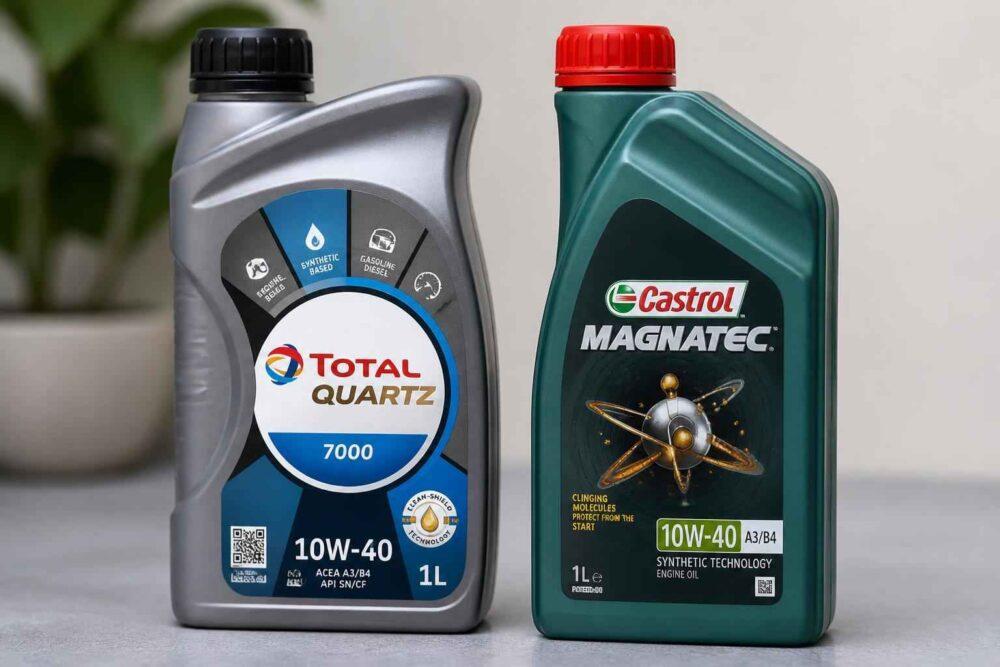 Dwie butelki oleju silnikowego Total Quartz 7000 i Castrol Magnatec 10W-40 na stole