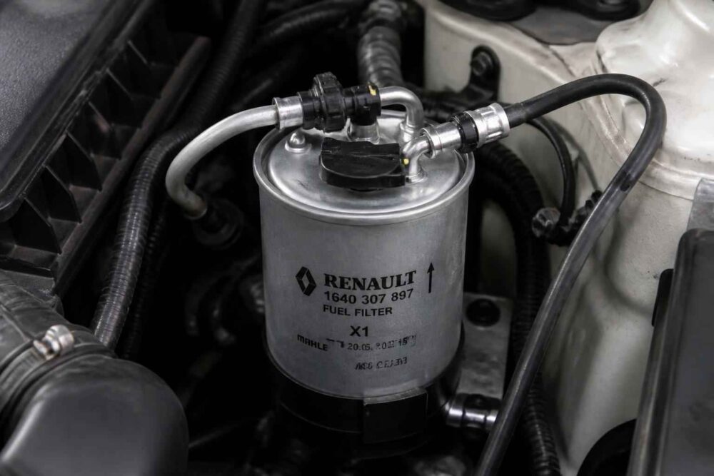 Oryginalny filtr paliwa Renault 1.5 dCi Oryginalny filtr paliwa Renault 1.5 dCi zamontowany w komorze silnika z podłączonymi przewodami paliwowymi