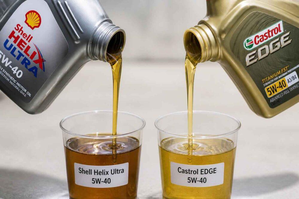 Oleje Shell Helix Ultra i Castrol EDGE przelewane do szklanych naczyń porównawczych