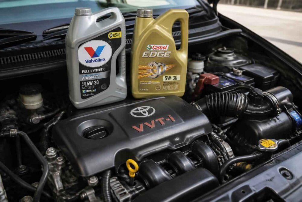 Komora silnika Toyoty z dwoma butelkami oleju Valvoline i Castrol na osłonie silnika