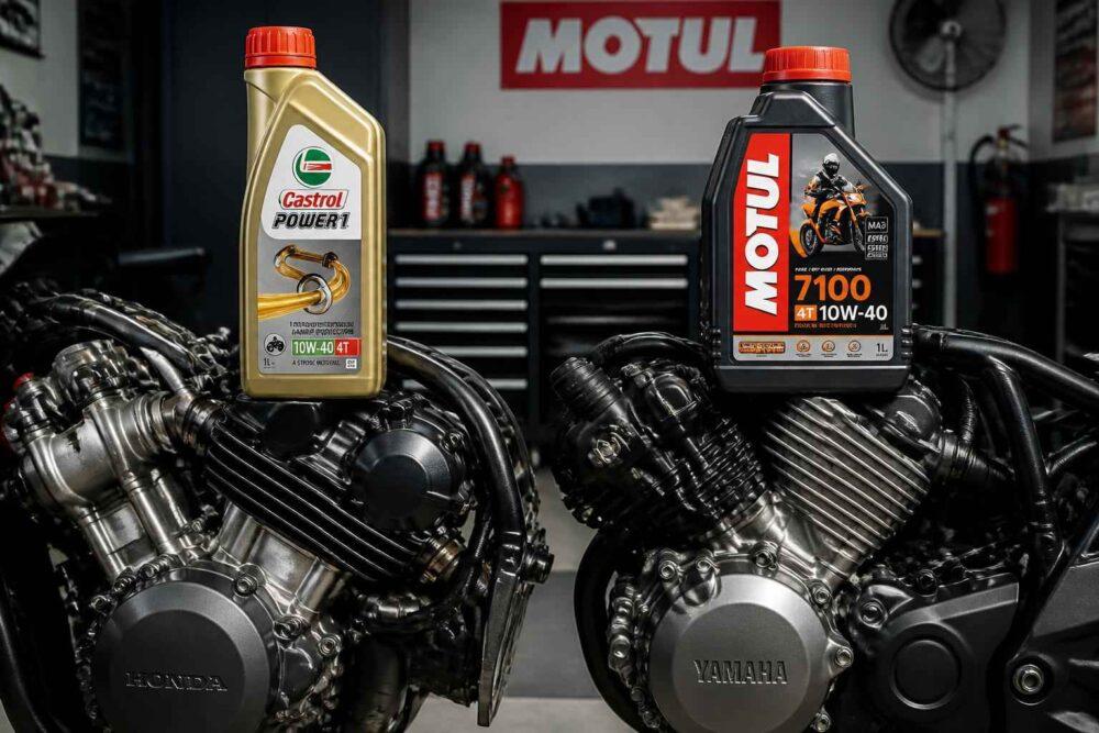 Dwa silniki motocyklowe z butelkami olejów Castrol Power1 i Motul 7100 w warsztacie