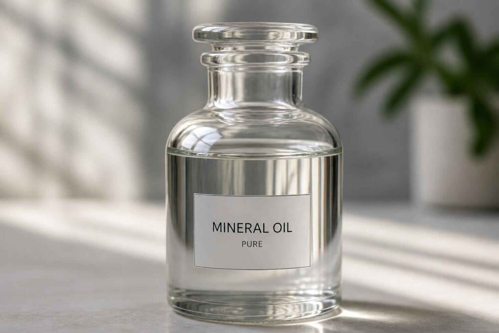 Szklana butelka z olejem mineralnym Przezroczysta butelka z etykietą Mineral Oil na jasnym blacie