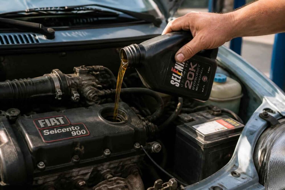 Uzupełnianie oleju w silniku Fiata Seicento Mechanik wlewa olej Shell do silnika Fiata Seicento 900 po otwarciu maski
