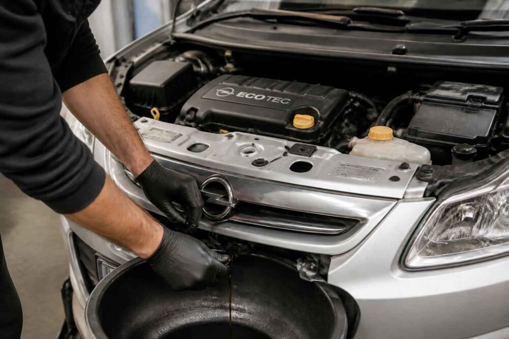 Wymiana oleju w samochodzie Opel Mechanik spuszcza olej silnikowy do pojemnika przed autem Opel Zafira