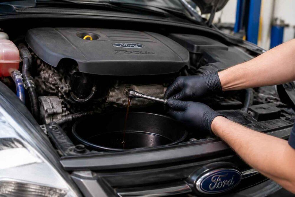 Mechanik spuszcza olej z silnika samochodu Ford do pojemnika serwisowego