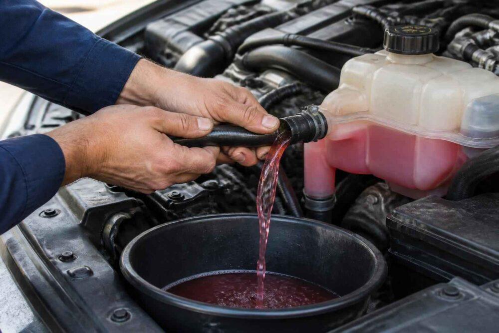 Mechanik spuszcza różowy płyn chłodniczy z układu samochodu do pojemnika